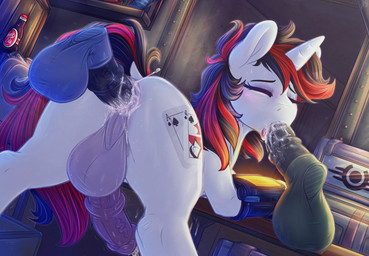 alternate_universe anal anal_penetration animal_genitalia animal_penis anus balls black_hair bodily_fluids butt cum cum_in_ass cum_in_mouth cum_inside cum_while_penetrated cutie_mark disembodied_penis dock_(anatomy) equine_genitalia equine_penis eyes_closed fellatio feral fur genital_fluids genitals group group_sex gynomorph gynomorph/male gynomorph_penetrated hair horn intersex intersex/male intersex_penetrated male male_penetrating male_penetrating_gynomorph male_penetrating_intersex medial_ring multicolored_hair nuka-cola oral penetration penile penile_penetration penis penis_in_ass pip-boy red_hair sex solo_focus spitroast tail threesome tongue tongue_out tongue_out_fellatio trio two_tone_hair vault-tec_logo white_body white_fur dimwitdog fallout fallout_equestria foe:_project_horizons friendship_is_magic hasbro microsoft my_little_pony mythology blackjack_(fallout_equestria) fan_character equid equine horse mammal mythological_creature mythological_equine pony unicorn 2018 absurd_res crossover digital_media_(artwork) hi_res