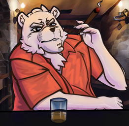 alcohol anthro basement beverage cigar clothing grumpy male mature_male shirt smoking solo tired topwear unknown_artist bear mammal polar_bear ursine hi_res