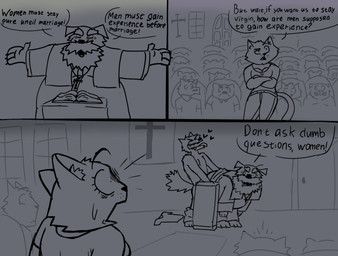 anthro beard bottomwear bottomwear_down church clothed clothing dialogue facial_hair low_contrast male male/male mature_male mustache pants pants_down partially_clothed sex surprised text tongue tongue_out bencomedion canid canine canis domestic_dog mammal 2025 comic english_text greyscale hi_res monochrome