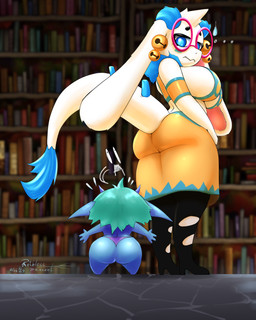 anthro big_breasts big_butt big_ears blue_body blue_eyes blue_fur bottomwear breasts butt clothed clothing duo eyelashes eyewear female floppy_ears fur glasses long_ears looking_back lop_ears orange_bottomwear orange_clothing orange_skirt orange_topwear rear_view round_glasses size_difference skirt tail tail_tuft thick_thighs topwear tuft white_body white_fur wide_hips ruthlesspeasant atlyss angela_flux humanoid imp_(atlyss) oathkin_(atlyss) absurd_res hi_res