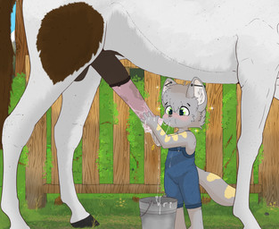 4_fingers after_oral after_orgasm age_difference animal_genitalia animal_penis anthro anthro_on_feral arm_markings balls bestiality biped black_eyebrows black_hooves blue_clothing blue_overalls blue_sky blush bodily_fluids brown_body brown_fur bucket clothed clothed_anthro clothed_male clothing container cum cum_drip cum_in_mouth cum_inside cum_string day drinking drinking_cum dripping duo ear_piercing equine_genitalia equine_penis erection eyebrows faceless_character faceless_feral faceless_male fence feral feral_on_young fingers flared_penis fur genital_fluids genitals grass green_eyes grey_balls grey_body grey_fur grey_nose grey_penis handjob hooves industrial_piercing inner_ear_fluff interspecies iris larger_feral larger_male male male/male male_anthro male_feral male_on_anthro male_on_feral markings medial_ring mouth_closed multicolored_penis older_feral older_male outside outside_sex overalls penile penis penis_nursing piercing pink_blush pink_penis plant pupils quadruped servicing_from_below sex shortalls shota shrub size_difference sky smaller_anthro smaller_male standing tail tail_markings tuft two-handed_handjob unguligrade white_body white_fur white_inner_ear white_inner_ear_fluff white_sclera white_tuft wood wood_fence yellow_markings young young_anthro young_male younger_anthro younger_male pybocat lou_(thewolf) canid canine canis equid equine mammal wolf absurd_res english_description hi_res