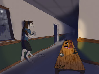 abandoned_building anthro clothing crossed_arms electronics furniture hallway haunted interior_background lamp lantern leaning_on_wall male night raining solo video_game_reference leviticusthefluff phasmophobia evi_(leviticusthefluff) sergal 2025 4:3 hi_res