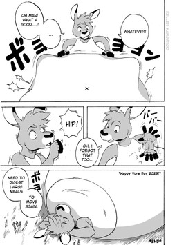 after_vore anthro belly big_belly biped comic_panel male solo speech_bubble text vore kellerkangaroo keller_kangaroo kangaroo macropod mammal marsupial 2023 comic english_text hi_res monochrome