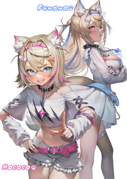 accessory ahoge animal_ears arm_under_breasts band-aid bandage bare_legs bare_shoulders belt big_breasts black_choker black_jewelry black_necklace blonde_hair blue_eyes blue_nails blush breasts chain_accessory choker claw_marks cleavage clothed clothing collarbone colored_nails dress fake_horns fangs female fishnet_clothing fishnet_legwear fluffy_ears hair hair_accessory hair_between_eyes highlights_(coloring) jewelry legwear long_hair microdress multi_ear nails navel necklace open_mouth pink_eyes pink_nails short_hair side_view simple_background small_breasts smile spiked_choker tail teeth white_background white_clothing white_dress maro2ki3 hololive hololive_en vtuber fuwawa_abyssgard mococo_abyssgard animal_humanoid canid canid_humanoid canine canine_humanoid dog_humanoid humanoid mammal mammal_humanoid hi_res