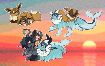 blue_body blue_eyes curly_hair duo evolution female feral frill_(anatomy) fur fur_markings green_eyes hair heart_symbol leaf lying markings mistletoe plant ribbons ribbons_(anatomy) sitting tail vedacia nintendo pokemon eevee eeveelution generation_1_pokemon generation_6_pokemon pokemon_(species) sylveon vaporeon colored digital_media_(artwork) shaded