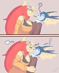 anthro biped blue_body breasts brown_eyes clothed clothing duo female food freckles french_kissing green_eyes heart_symbol kissing male simple_background size_difference smaller_male surprised_expression tan_body snackbunnii nintendo pocky pokemon mila_(snackbunnii) ritz_(snackbunnii) eeveelution generation_1_pokemon generation_3_pokemon milotic pokemon_(species) vaporeon hi_res