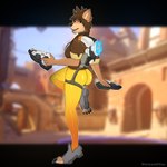 anthro bomber_jacket brown_eyes butt clothing dual_wielding feet female footwear holding_object holding_weapon machine shoes solo weapon hyenahijinks blizzard_entertainment overwatch tracer_(overwatch) canid canine canis domestic_dog herding_dog mammal pastoral_dog welsh_corgi 1:1 absurd_res hi_res