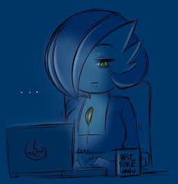 blush computer container cup electronics ellipsis female hair hair_over_eye laptop mug not_furry one_eye_obstructed solo saltyxodium nintendo pokemon gardevoir generation_3_pokemon pokemon_(species) 2021 absurd_res blue_theme hi_res