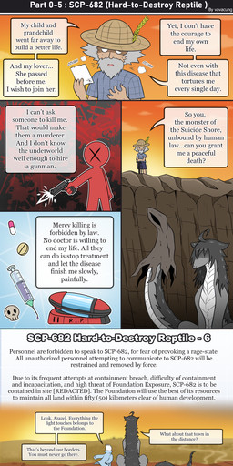 ambiguous_gender black_hair cane cliff clothed clothing detailed_background dialogue duo feral grey_body group hair hat headgear headwear larger_feral male outside sitting size_difference smaller_human speech_bubble standing suicidal sunset text text_box vavacung scp_foundation scp-682 human lizard mammal monster reptile scalie absurd_res comic digital_media_(artwork) english_text hi_res letterbox