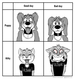 angry anthro bloodshot_eyes chart clenched_teeth clothed clothing collar duo eyes_closed fur male open_mouth shirt simple_background smile tank_top teeth text tongue tongue_out topwear nikraccoom koira_(nik159) tonka_(nik159) canid canine canis domestic_cat domestic_dog felid feline felis mammal procyonid digital_media_(artwork) english_text greyscale hi_res monochrome