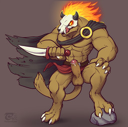 3_toes 5_fingers abs anthro balls barazoku barefoot belt biceps biped bodily_fluids bone bone_mask bottomwear bottomwear_aside cape claws clothed clothing clothing_aside dagger digitigrade erection feet fingers fire flaming_hair flaming_mane foreskin fur genital_fluids genitals glans glowing glowing_eyes holding_object holding_weapon horn humanoid_genitalia humanoid_hands humanoid_penis ineffective_clothing ineffective_loincloth licking licking_lips licking_own_lips logo loincloth loincloth_aside male mane manly mask melee_weapon muscular muscular_anthro muscular_male open_mouth orgasm partially_retracted_foreskin paws pecs penis pink_glans pose precum pseudo_hair pseudo_mane rock shadow sharp_teeth skull skull_mask smile solo standing step_pose tail teeth text toe_claws toes tongue tongue_out warrior weapon thesecretcave rivals_of_aether forsburn mammal 2017 artist_logo artist_name colored dated digital_drawing_(artwork) digital_media_(artwork) english_text hi_res pinup shaded