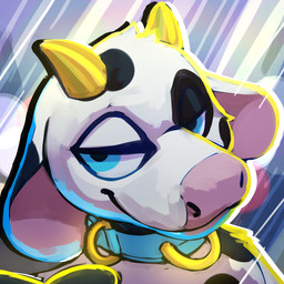 abstract_background anthro black_body black_fur blue_collar blue_eyes collar fur markings multicolored_body multicolored_fur simple_background solo spots spotted_body spotted_fur white_body white_fur sexotheque finn_the_cow bovid bovine cattle mammal 1:1 2026 digital_media_(artwork) hi_res icon