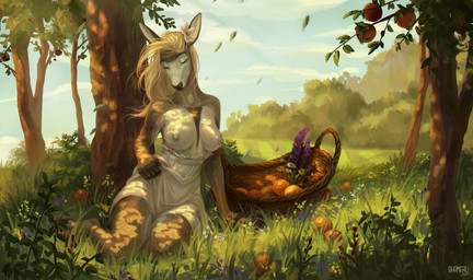 accessory anthro areola basket bottomwear breasts clothed clothing container eyes_closed female flower flower_in_hair food fruit fruit_basket fur grass hair hair_accessory nature_background nipples outside plant sitting solo topless topless_anthro topless_female tree shamerli deer mammal 2020 digital_media_(artwork) signature