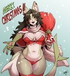 5_fingers anthro bottomwear breasts camel_toe cape christmas_clothing clothed clothing countershading ear_piercing ear_ring female female_anthro fin fingers glistening glistening_hair glistening_thighs green_body green_ears green_face green_fin green_hair green_skin green_tail green_text hair holding_bag holding_sack holidays inner_ear_fluff legwear long_ears long_hair merry_christmas multicolored_body multicolored_skin nipple_outline open_mouth open_smile outstretched_hand pawpads piercing pink_inner_ear pink_pawpads prick_ears red_bottomwear red_cape red_clothing red_legwear red_text red_thigh_highs red_topwear ring_piercing skimpy smile solo tail tail_fin text thigh_highs topwear tuft two_tone_face two_tone_tail white_inner_ear_fluff yellow_eyes cursedanchovy christmas anchovy_(cursedanchovy) canid canine canis fish hybrid mammal marine shark wolf 2023 digital_media_(artwork) english_text hi_res portrait three-quarter_portrait