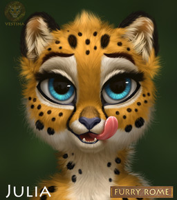 anthro blue_eyes chibi countershading female fluffy fluffy_hair fur hair licking licking_lips licking_own_lips looking_at_viewer markings open_mouth self_lick solo spots spotted_body spotted_fur tongue tongue_out vestina furry_rome the_feast_of_nero julia_(vestina) cheetah felid feline mammal hi_res