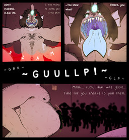 3_arms abdominal_bulge against_surface against_wall ambiguous_gender angry annoyed anthro apode arm_scar armpit_hair belly big_belly black_border black_hair black_nipples blue_insides bodily_fluids body_hair border breath chest_hair cross-popping_vein dialogue dripping drooling ear_fins facial_hair fin first_person_view front_view frown gills glowing glowing_eyes grey_body group hair happy_trail leaning leaning_forward legless lure_(anatomy) male male/ambiguous mouth_shot multi_arm multi_limb mustache neck_scar nipples nude nude_male open_frown open_mouth oral_vore rumbling_stomach saliva saliva_drip saliva_string scales scar serpentine sharp_teeth side_view size_difference stubble swallowing swallowing_sound_effect teeth text tongue tongue_out vore yelling conditional_dnp electricpants138456 pressure_(roblox) roblox sebastian_solace_(pressure) anglerfish anglerfish_merfolk draconcopode fish humanoid marine naga 2025 colored comic dated digital_drawing_(artwork) digital_media_(artwork) hi_res