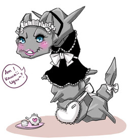 accessory apron blue_eyes blush bow_(feature) bow_accessory bow_dress bow_in_back bow_maid_headdress bow_ribbon clothing container cup dialogue female furgonomics grey_body lips looking_at_viewer maid_uniform ribbons solo speech_bubble tail tail_accessory tail_bow tail_ribbon tea_cup teapot text uniform waist_bow why unknown_artist nintendo pokemon generation_2_pokemon pokemon_(species) steelix english_text low_res