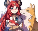 accessory ambiguous_gender blush canid canine canis carrying_person clothing domestic_dog female feral fox genshin_impact group hair hi_res horn horned_humanoid humanoid long_hair looking_at_viewer looking_pleasured male mammal mihoyo nilou_(genshin_impact) princess_hinghoi red_body red_hair smug swoof_(genshin_impact) trio yellow_body young young_ambiguous young_feral