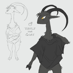 anthro black_clothing black_shirt black_topwear bovid_horn brown_body brown_clothing caprine_horn clothing fur gender_symbol grey_background grey_body grey_fur horn long_horn male male_symbol mouth_closed ram_horn shirt simple_background solo symbol text topwear strawgoatcult vault_(strawgoatcult) bovid caprine goat mammal 2026 english_text model_sheet portrait three-quarter_portrait