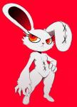 anthro breasts featureless_breasts featureless_crotch female frown fur hand_on_hip multicolored_eyes nude orange_eyes red_background red_eyes scar simple_background solo two_tone_eyes white_body white_fur wide_hips sssonic2 2spot_studio bloody_bunny_(series) bloody_bunny lagomorph leporid mammal rabbit 2017 digital_media_(artwork) hi_res