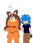 anthro areola areola_slip badger big_breasts blue_eyes breasts clothed clothing digital_media_(artwork) duo fan_character female fully_clothed fur hair ineffective_clothing male mammal mustelid musteline nipples question_mark sega simple_background skimpy smile sonic_boom sonic_the_hedgehog sonic_the_hedgehog_(series) sticks_the_jungle_badger superbunnygt white_background