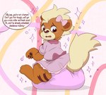 accessory after_transformation age_regression ambiguous_gender arms_bent blush blush_lines bow_ribbon clean_diaper clothed clothing dialogue diaper dress duo feral fluffy fluffy_tail fur hair_accessory hair_bow hair_ribbon looking_back magic magic_user offscreen_character open_mouth orange_body orange_fur pink_clothing pink_diaper pink_dress rear_view ribbons simple_background sitting solo_focus sparkles speech_bubble tail text wearing_diaper worried yellow_body yellow_fur bubblepuppers darkentrophy third-party_edit nintendo pokemon ryanator generation_1_pokemon growlithe pokemon_(species) color_edit colored english_text hi_res