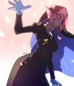 5_fingers blush blush_lines clothing cross cross_necklace eye_patch eyewear female fin fingers jewelry looking_at_viewer low-angle_view necklace nun_habit nun_outfit religious_clothing simple_background smile solo teeth white_background noaharbre undertale_(series) undyne aquatic fish monster hi_res
