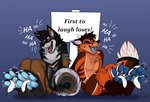 4_toes anthro claws duo eyes_closed feet fluffy fluffy_tail laugh male open_mouth open_smile pawpads sitting smile spread_toes tail text tickling tickling_feet toe_claws toes carifoxleopard archie_(thearchiefox) chu-tora canid canine canis domestic_dog fox mammal english_text hi_res