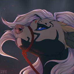 black_body black_fur blue_sclera facial_markings feral fur hair head_markings long_hair markings muzzle_(object) pink_nose rope rope_muzzle simple_background solo tied_muzzle white_body white_eyes white_fur white_hair shyryp canid canine canis mammal 1:1 absurd_res digital_media_(artwork) headshot_portrait hi_res icon portrait