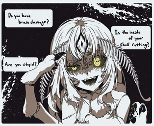 antennae_(anatomy) black_sclera border exoskeleton fangs female green_eyes hair looking_at_viewer one_eye_half-closed open_mouth open_smile smile solo teeth text white_body white_border white_hair white_skin egocider vtuber juniper_actias animal_humanoid arthropod arthropod_humanoid humanoid insect insect_humanoid lepidopteran lepidopteran_humanoid moth_humanoid english_text hi_res reaction_image