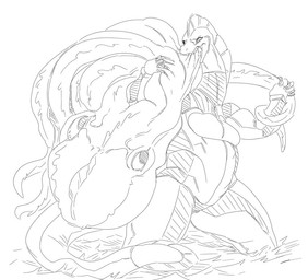 anthro breasts duo female female_pred feral oral_vore simple_background vore white_background grindaviking senyuko_(integ) aquatic cephalopod coleoid eel fish mollusk octopodiform octopus 2019 monochrome