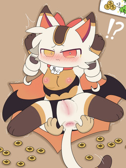 anthro anus blush blush_lines breasts brown_body brown_fur clitoris clothing clothing_aside coin duo female fur gaping gaping_anus genitals human_on_anthro humanoid_hands interspecies lying lying_on_ground male male/female membrane_(anatomy) membranous_wings nipples on_ground pink_nipples shaking spread_anus spreading trembling underwear underwear_aside vulva white_body white_fur wings caroll makemon maneko_(makemon) demon felid feline felis human mammal 3:4 absurd_res hi_res
