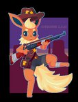 4_fingers anthro anthrofied blue_outline clothing cowboy digitigrade female fingers gun hat headgear headwear holding_gun holding_object holding_ranged_weapon holding_rifle holding_weapon outline pokemorph ranged_weapon rifle solo weapon frigadae nintendo pokemon eeveelution flareon generation_1_pokemon pokemon_(species) 2019 alpha_channel dated digital_media_(artwork) full-length_portrait pixel_(artwork) portrait