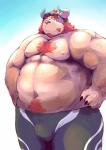 anthro belly body_hair bulge chest_hair eyewear facial_hair fur goggles hairy happy_trail horn male musclegut muscular mustache navel nipples overweight overweight_anthro overweight_male pecs pink_body pink_fur solo wetsuit hachirouta lifewonders tokyo_afterschool_summoners chernobog_(tas) monster 2019 absurd_res hi_res