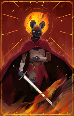 anthro bandage cape clothing female fire gold_blood hooped_earrings melee_weapon sun sword weapon jowoc_art sang:_the_desert_blade sang_(sang:_the_desert_blade) african_wild_dog canid canine mammal absurd_res hi_res