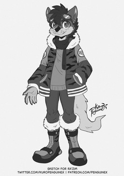 anthro black_hair boots bottomwear clothed clothing coat footwear fur grey_body grey_fur hair male padded_palms pants plantigrade scarf shoes tail text topwear white_body white_fur penguinexperience nintendo pokemon razor_(razim) razor_the_firedog canid canine elemental_creature firedog generation_1_pokemon growlithe mammal pokemon_(species) 2025 absurd_res hi_res monochrome url