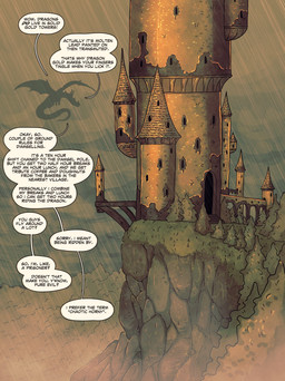 ambiguous_gender building cliff dialogue feral flying plant raining solo speech_bubble tail text tower tree rapscallion mythology vice_and_violence dragon mythological_creature mythological_scalie scalie 2025 comic english_text hi_res male_(lore)