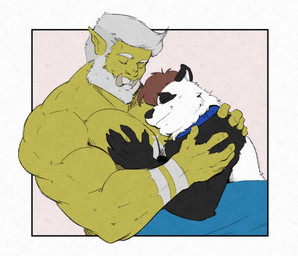 bed black_body black_fur collar cuddling duo fur furniture green_arms green_body green_chest green_fingers green_hands green_skin hair hug love male male/male married multicolored_body multicolored_fur white_body white_fur white_hair sharkykelp azure_(pupblueslut) torug_(pupblueslut) bear giant_panda mammal orc hi_res