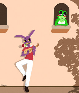 anthro duo female flower flower_in_mouth looking_at_another lute male musical_instrument plant plucked_string_instrument romantic rose_(flower) rose_in_mouth smug_face string_instrument ukulele mr.foxman glitch_productions the_amazing_digital_circus jax_(tadc) ribbit_(tadc) amphibian amphibian_humanoid animal_humanoid frog frog_humanoid humanoid lagomorph leporid mammal rabbit absurd_res hi_res shaded simple_shading