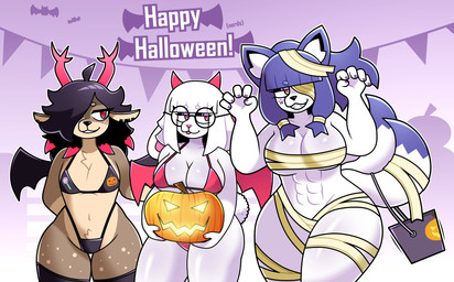 abs anthro big_breasts breasts clothing costume eyewear female glasses group holidays jack-o'-lantern medium_breasts mummy_costume mummy_wrappings small_breasts swimwear thick_thighs trio wide_hips lornalla halloween bnuyu_(lornalla) bat canid canine deer fox lagomorph leporid mammal rabbit absurd_res hi_res