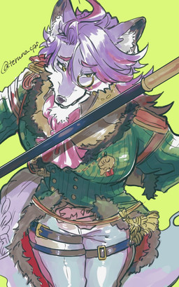 anthro bottomwear clothing eyewear fancy_clothing fluffy fluffy_tail fur green_clothing green_topwear hair handwear kerchief leg_belt looking_at_viewer male monocle multicolored_body multicolored_fur muscular neckerchief neckwear purple_body purple_fur purple_hair scepter simple_background solo tail topwear two_tone_body two_tone_fur white_body white_fur yellow_eyes teruno_cps compass_(combat_providence_analysis_system) charles_richter_(compass) canid canine canis mammal wolf 2026 5:8 hi_res
