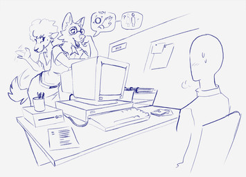 anthro computer electronics female floppy_disk group male trio wetchop robin_(wetchop) bovid canid caprine human mammal sheep blue_and_white hi_res monochrome