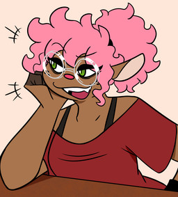 anthro black_wristwear bra brown_body clothing emanata eyebrow_through_hair eyebrows eyewear fangs female freckled_face freckles glasses green_eyes hair leaning_on_table looking_aside messy_hair multicolored_body open_mouth pink_hair ponytail red_clothing red_shirt red_topwear round_glasses shirt simple_background solo sweatband teeth tongue topwear translucent translucent_hair two_tone_body underwear white_sclera wristwear nerdyreindeer gumdrop_(nerdyreindeer) deer mammal 2026