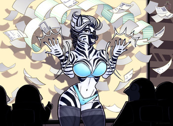 anthro big_breasts bodily_fluids bottomwear breasts chair clothing detailed_background emanata eyewear female furniture gesture glasses hand_gesture huge_hips jewelry legwear lingerie littering meeting_room midriff navel navel_piercing office office_clothing office_lady paper piercing presentation secretary sitting size_difference small_waist smile stockings stripes surprised sweat sweatdrop thick_thighs thumbs_up translucent translucent_clothing underwear wide_hips juxtapex avian bird equid equine mammal penguin zebra