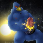 anthro areola balls beak big_balls big_muscles big_penis biped blue_body blue_feathers bodily_fluids destruction earth erection feathers genital_fluids genitals hand_on_planet huge_balls huge_penis macro male male_penetrating moon muscular muscular_anthro muscular_male nipples penetration penis planet planet_destruction planet_dwarfing planet_penetrated precum solo space sun terra_macro koa_wolf nintendo star_fox falco_lombardi avian bird 1:1 2021 absurd_res digital_media_(artwork) hi_res