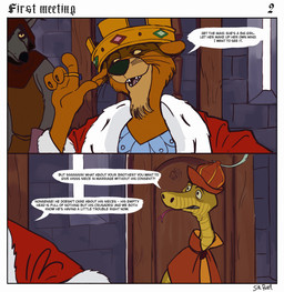 4_fingers anthro cape castle chair clothing crown crown_jewels dialogue ears_flat feral fingers furniture gem gold_crown group guard_position guardsmen hat hat_feather headgear headwear inside loose_feather male open_mouth ring robe royalty sitting standing stone_wall text throne throne_room trio wall_(structure) whiskers sir_paulus disney robin_hood_(disney) prince_john sir_hiss canid canine canis felid feline lion mammal pantherine reptile scalie snake wolf comic english_text hi_res