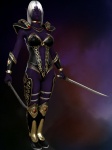 armor female grey_hair hair melee_weapon not_furry purple_body purple_skin solo sword warrior weapon white_hair jolene_(artist) sahiryr_gemdreamer drow elf humanoid 3:4 3d_(artwork) digital_media_(artwork) hi_res