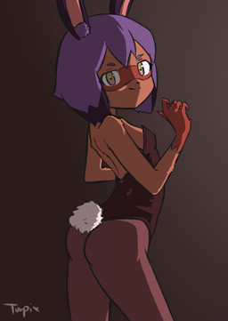 anthro blue_hair breasts brown_body brown_fur bunny_costume butt clothed clothing costume facial_markings fake_tail female fur gloves_(marking) hair head_markings heart_eyes heart_symbol looking_at_viewer markings mask_(marking) small_breasts smile solo topwear turpix brand_new_animal studio_trigger michiru_kagemori canid canine mammal raccoon_dog tanuki 2020 absurd_res hi_res