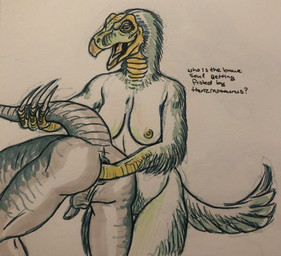 anal anal_fisting anal_penetration anthro anus balls beak bent_over biped breasts claws duo feathers female female_fisting_male female_penetrating female_penetrating_male fisting genitals long_claws male male/female male_penetrated nipples non-mammal_breasts non-mammal_nipples penetration penis raised_tail scales sex simple_background tail tail_grab text justcartilage dinosaur prehistoric_species reptile saurischian scalie therizinosaurid therizinosaurus theropod english_text hi_res