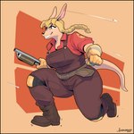 abstract_background action_pose anthro blonde_hair boots brown_clothing clothing combat_boots female footwear gloves gun hair handwear knee_pads mechanic muscular muscular_female overalls pose ranged_weapon red_clothing running shirt shoes shotgun slightly_chubby smile solo thick_thighs tool_belt topwear uniform weapon wide_hips greasymojo team_fortress_2 valve engineer_(team_fortress_2) kangaroo macropod mammal marsupial 1:1 2024 absurd_res hi_res